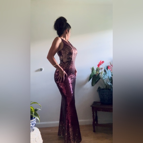 Crystal Doll Maroon and Gold Sequin Maxi Dress - Picture 4 of 5